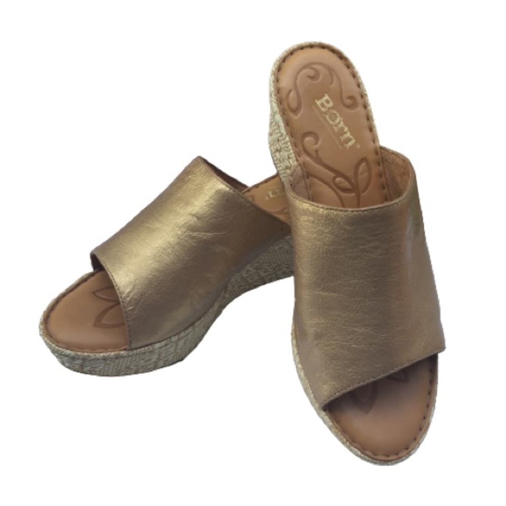 Born Gold Leather Slides Wedges Woven Heel Platform Size 8 EUC!!!